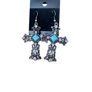 Rosemarie Collections Silver Turquoise Cross Dangle Earrings Western Style gift